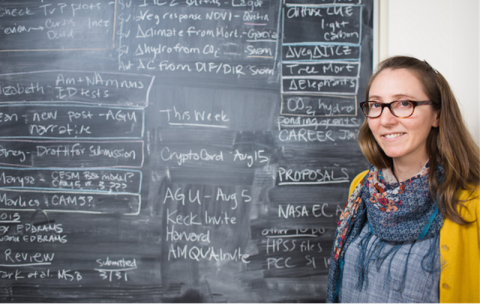 Abigail Swann, Associate Professor of Biology, stands in front on a chalk board with writing.